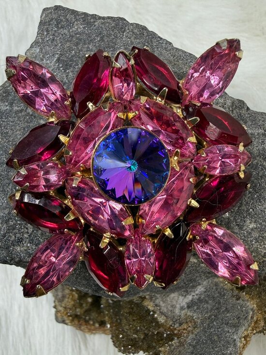 Vintage Jewelry - Vintage Blue/Purple Rivoli & Pink Ombre Rhinestone Gold Tone Brooch